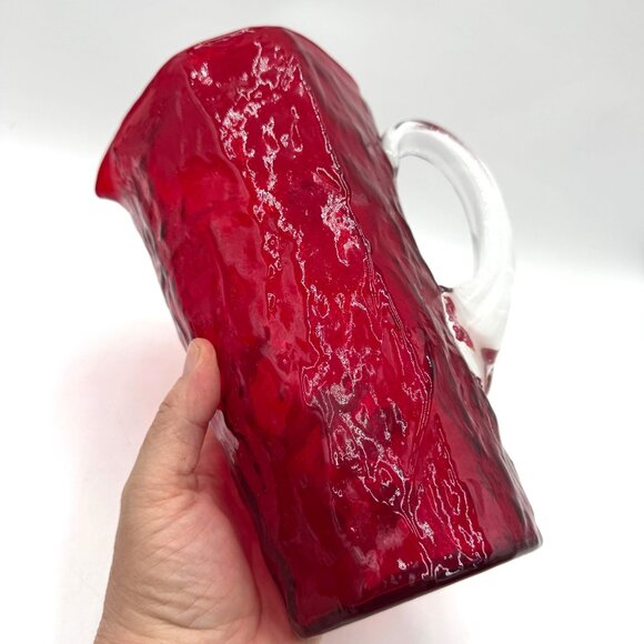 Morgantown Ruby Red Crinkle Glass 9" Pinched Pitcher With Clear Handle EUC - Picture 6 of 14
